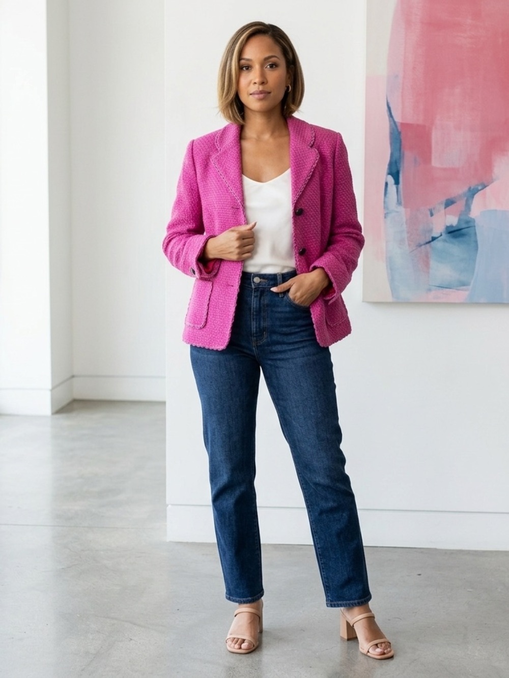 Hot Pink Tweed Blazer - Classic Structured Jacket